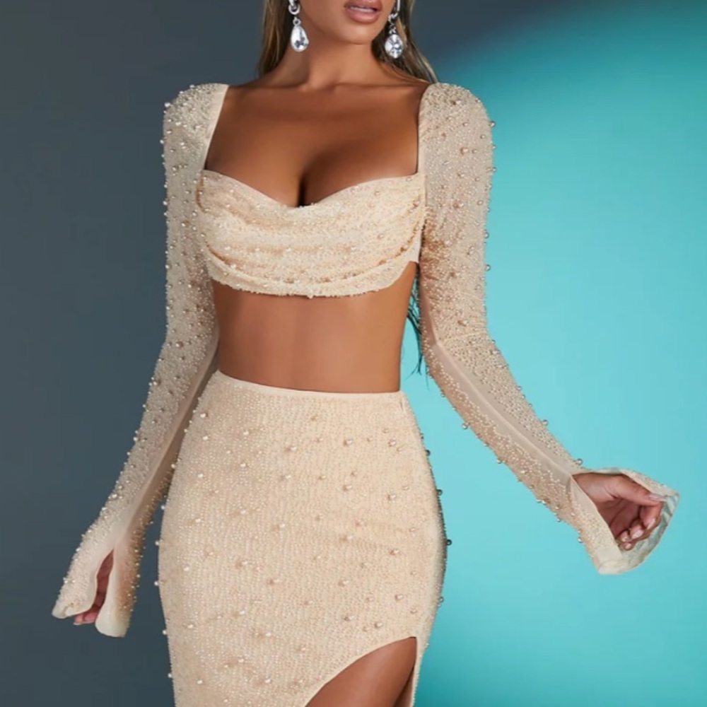 Oh Polly La Desirade Embellished Cowl Neck Crop Top in Sand